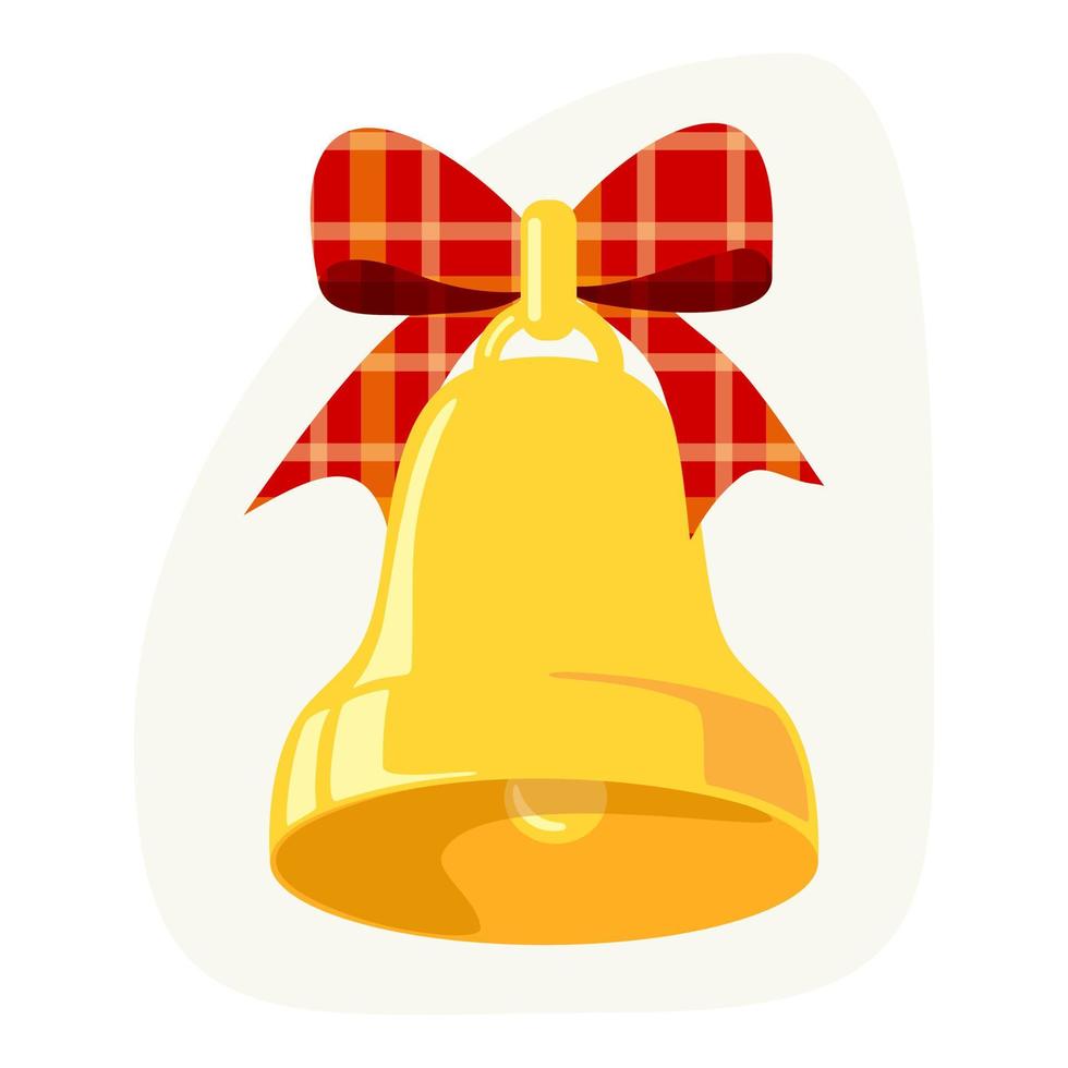 Clip art of golden Christmas bell with red tartan ribbon and bow. Jingle bells illustration on isolated background. Holiday design for decoration and celebration of winter, Christmas or New Year. vector