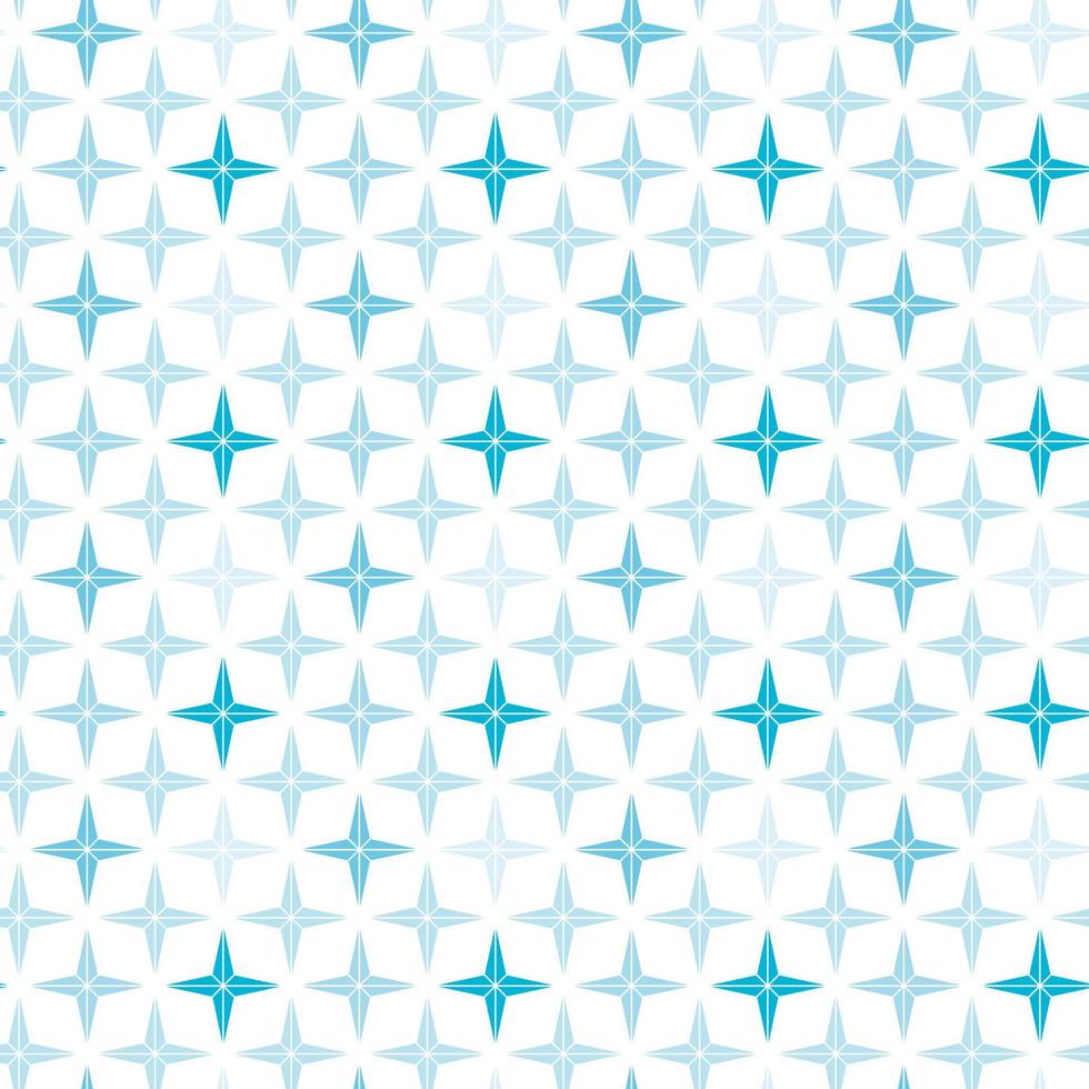 Seamless pattern of blue snowflakes, stars on isolated white background. Season celebration of New Year, Christmas, Winter holidays. Starry background for greeting cards, scrapbooking, wallpaper. vector