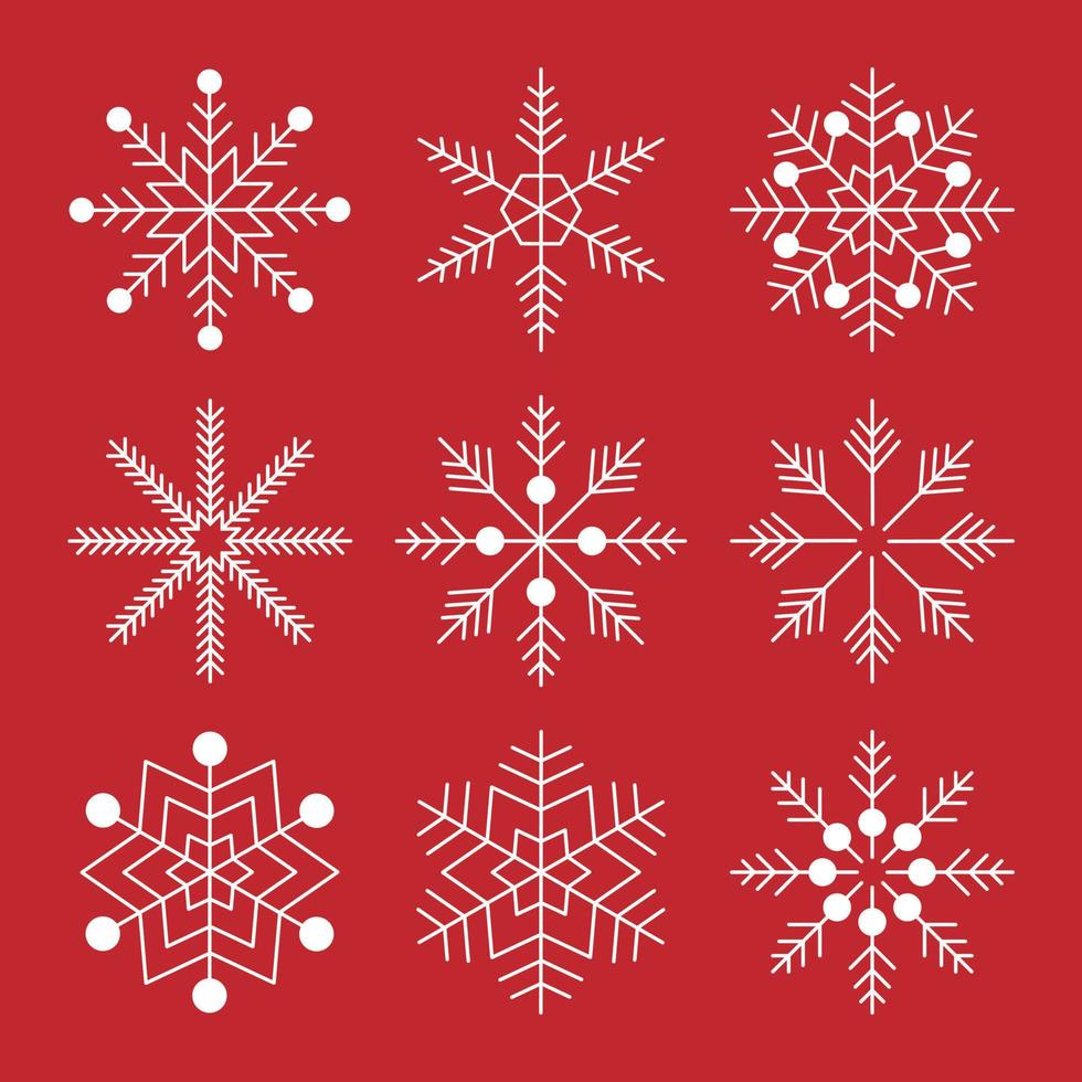 conjunto de imágenes prediseñadas de la colección de copos de nieve blancos sobre fondo rojo aislado. elementos de nieve para banner de navidad y año nuevo, tarjetas de felicitación. adornos, celebración navideña, scrapbooking. vector