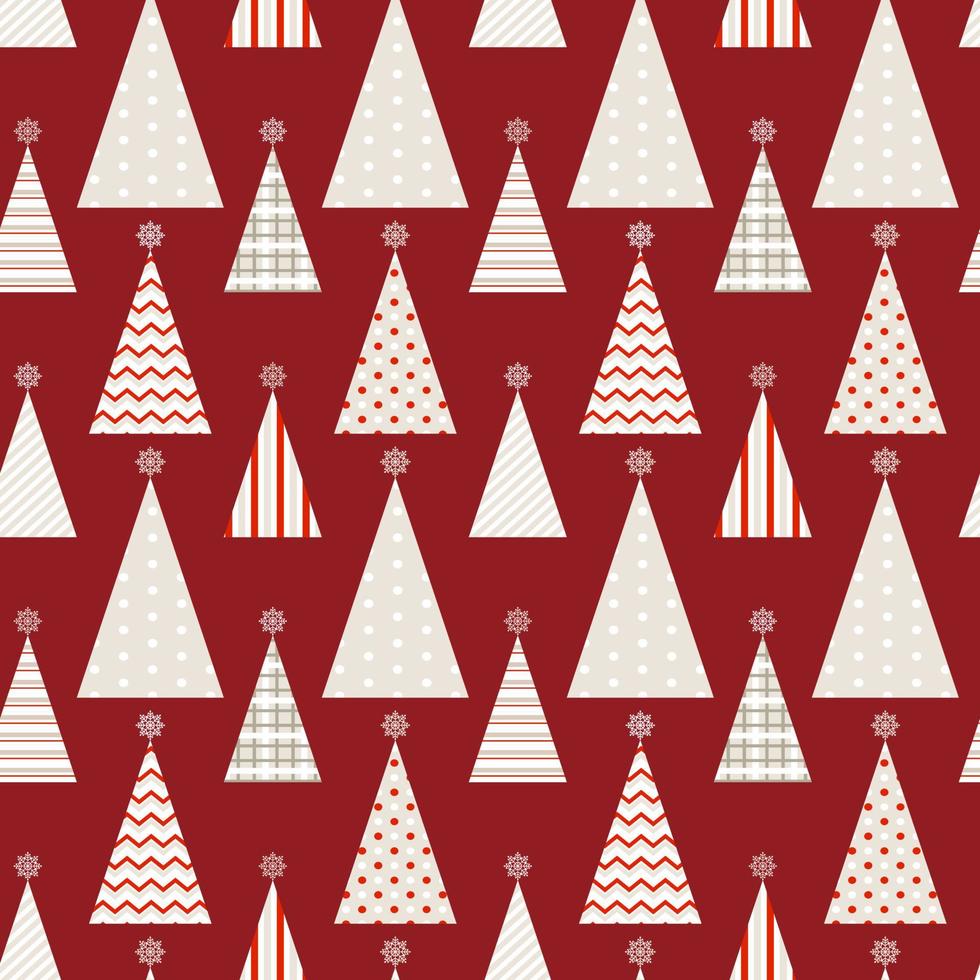 Seamless pattern of simple geometric Christmas trees in different texture, isolated on burgundy red background. Design for Christmas home decor, holiday greetings, Christmas and New Year celebration. vector