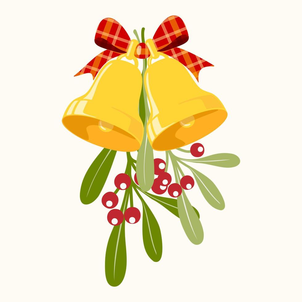 Clip art of Christmas bells with mistletoe branches, leaves and red berries. Holiday illustration on isolated background for Christmas decoration and celebration of winter, Christmas or New Year. vector