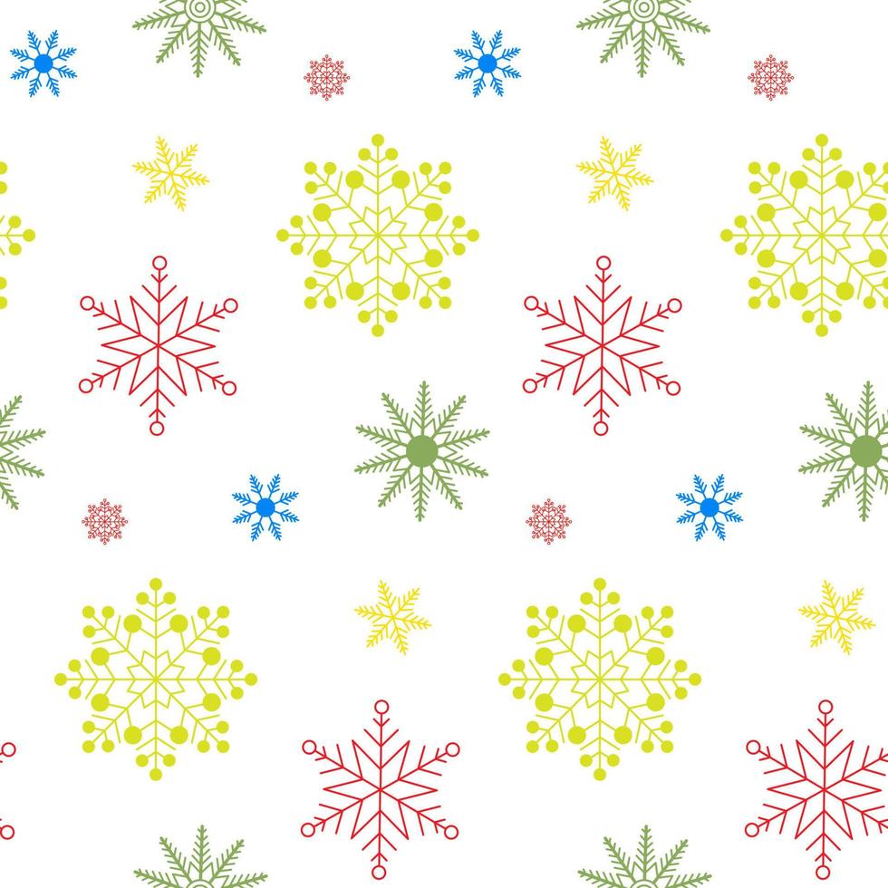 Seamless pattern of colourful snowflakes on isolated white background. Season celebration of New Year, Christmas, Winter holidays. Snowfall background for greeting cards, scrapbooking, wallpaper. vector