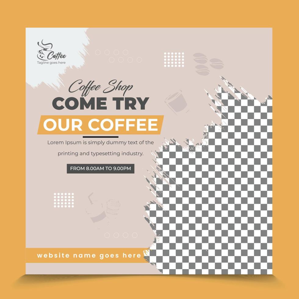 cafetería venga a probar nuestro café, oferta promocional de la tienda plantilla de diseño de publicación cuadrada web vector