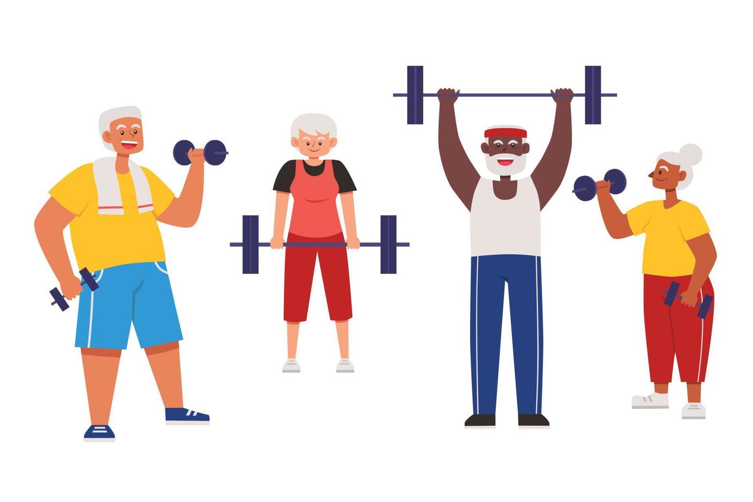 Elderly man and woman lifting weights vector