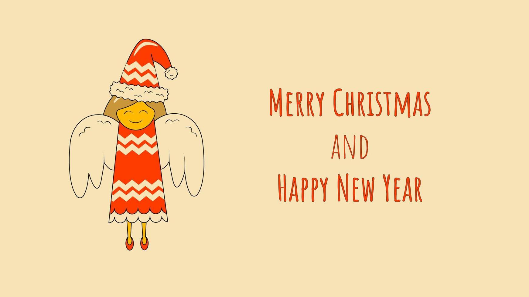 lindo ángel de navidad en vestido rojo y sombrero con adorno feliz navidad y feliz año nuevo tarjeta de felicitación o fondo en estilo retro para web vector