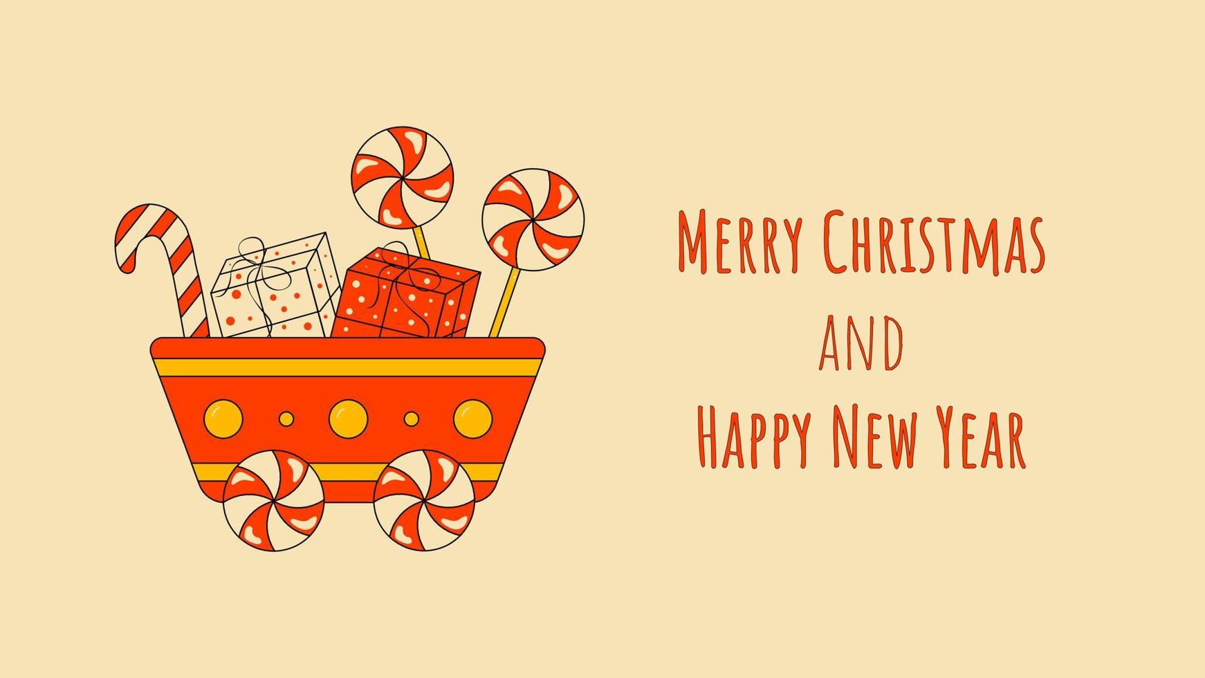 vagón rojo con regalos y dulces feliz navidad y feliz año nuevo tarjeta de felicitación o fondo en estilo retro para web vector