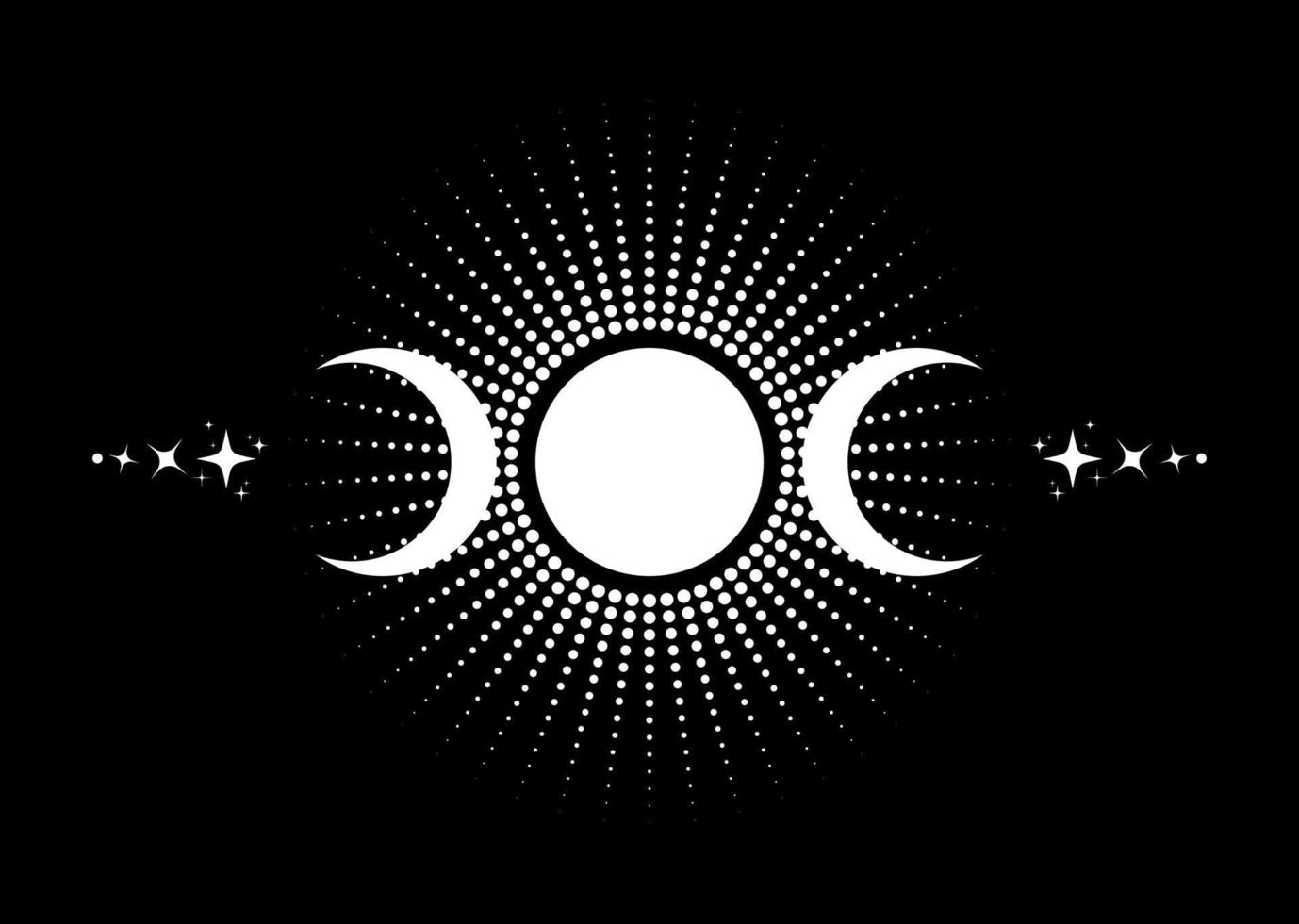 signo religioso wiccan de triple luna. símbolo de neopaganismo del logotipo de wicca, tatuaje de icono de diosa triple, diosa de la luna, la tierra y el parto. vector de media luna, media luna y luna llena aislado en negro