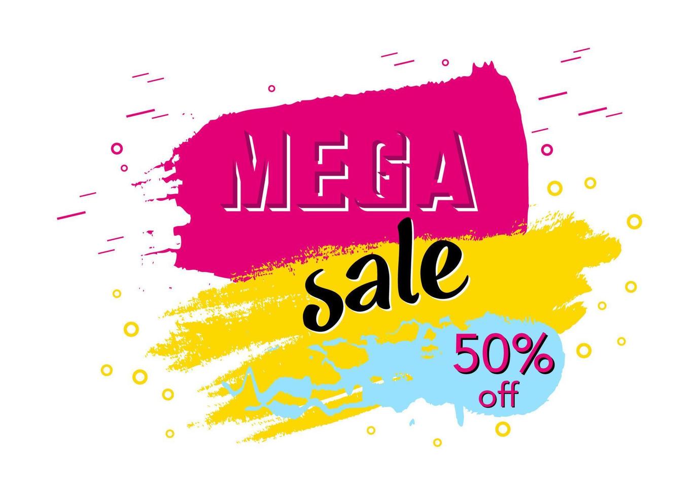 Mega Sale 50 off, banner design template, discount tag, grunge brush, don't miss out, colorful vector illustration isolated on white background