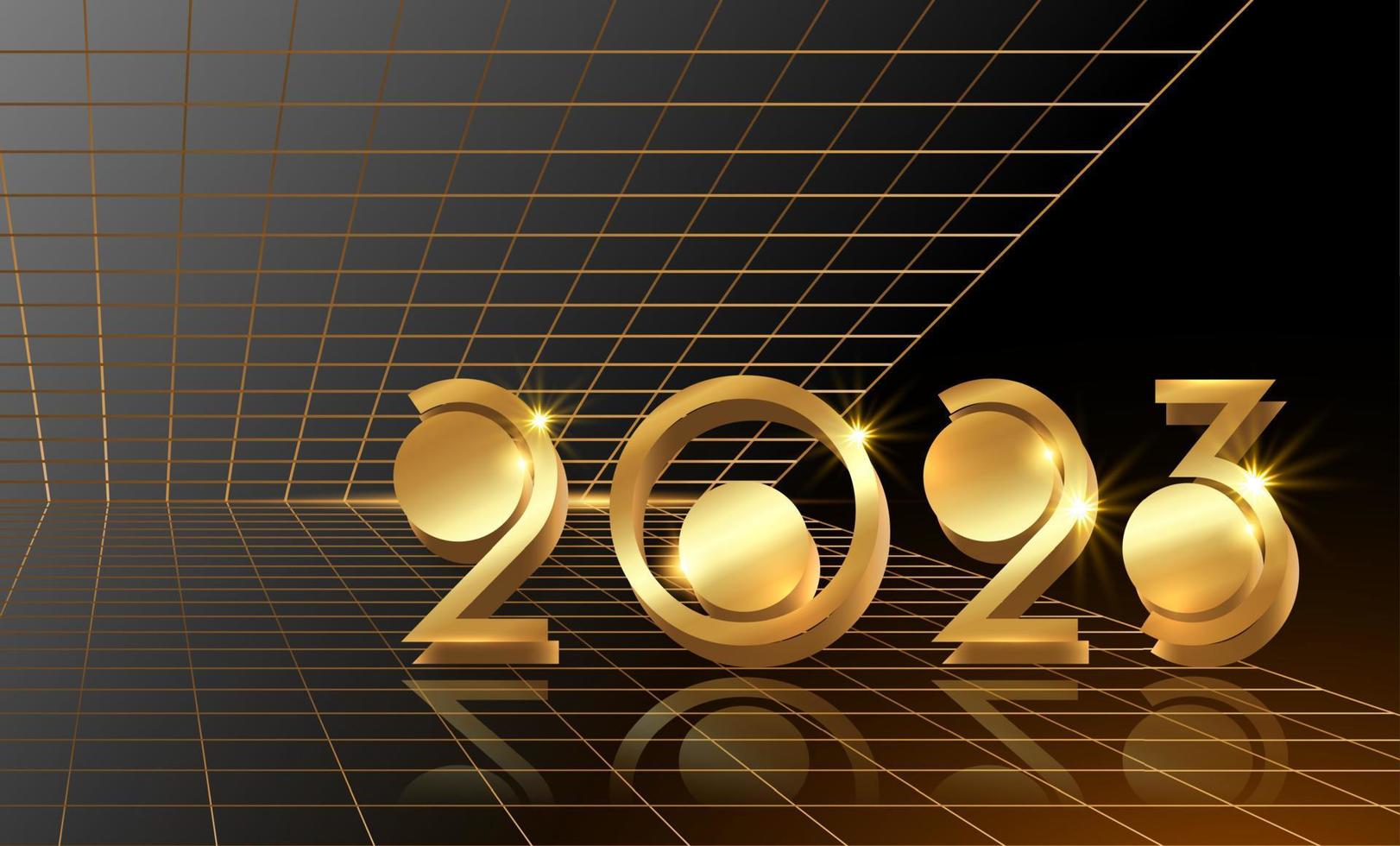 2023 new year greeting card with golden 3d number of the golden modern perspective. Technology party concept. Banner, template luxury ornament on black background vector