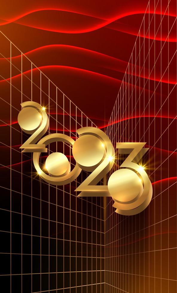 2023 new year greeting card with golden 3d number of the golden modern perspective. Art Deco style. Technology party concept. Banner, template luxury ornament on dark red background vector