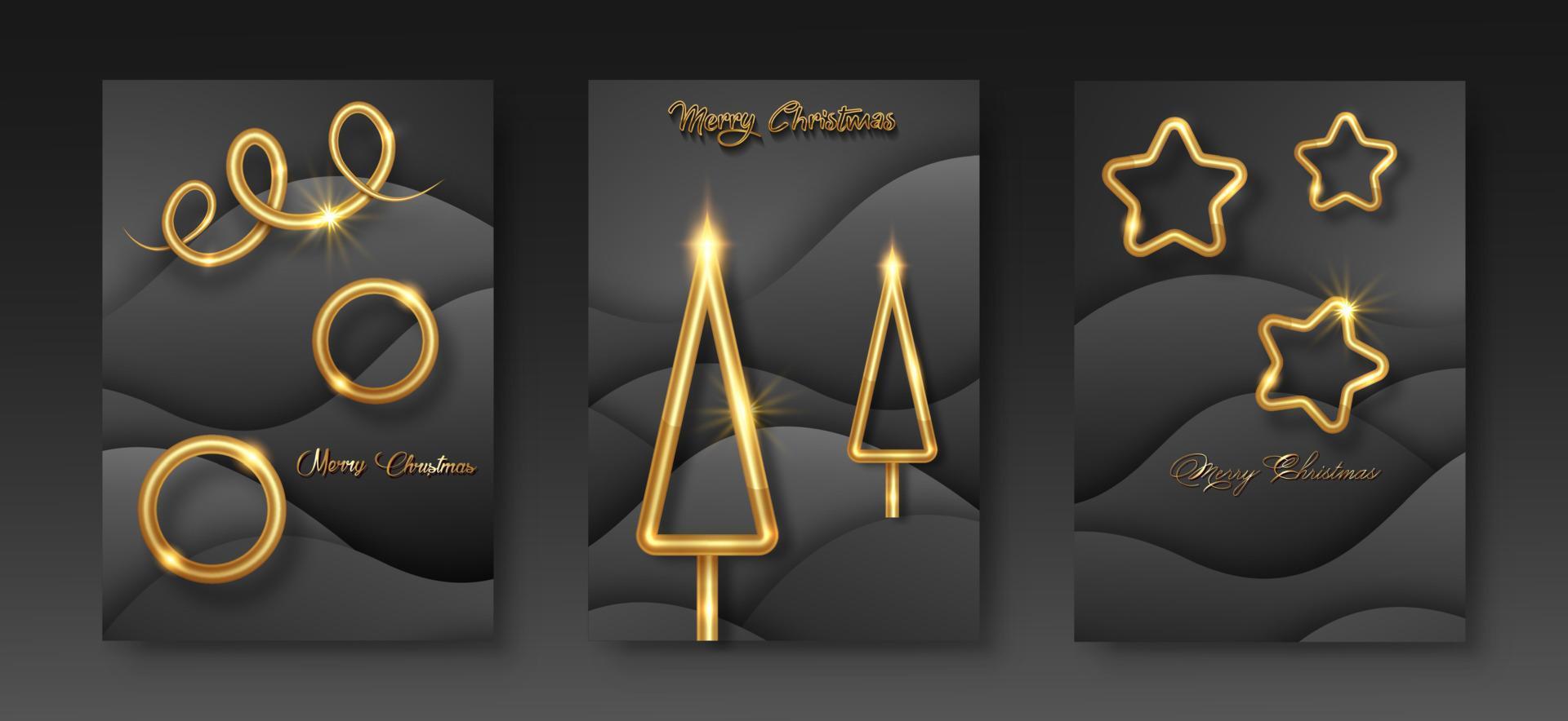 set cards Merry Christmas gold texture, golden luxury elements, black paper cut background for calendar and greetings card or Christmas themed winter holiday invitations with geometric decorations vector