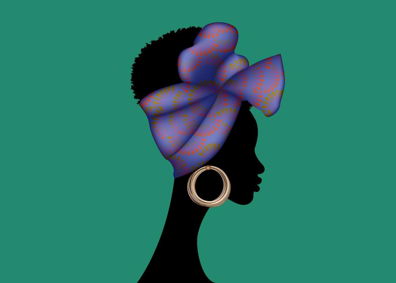 retrato mujer africana usa pañuelo para peinados rizados. shenbolen ankara head wrap mujeres. Turbante de bufanda de cabeza tradicional afro en textura de diseño de tela de flores tribales. vector aislado