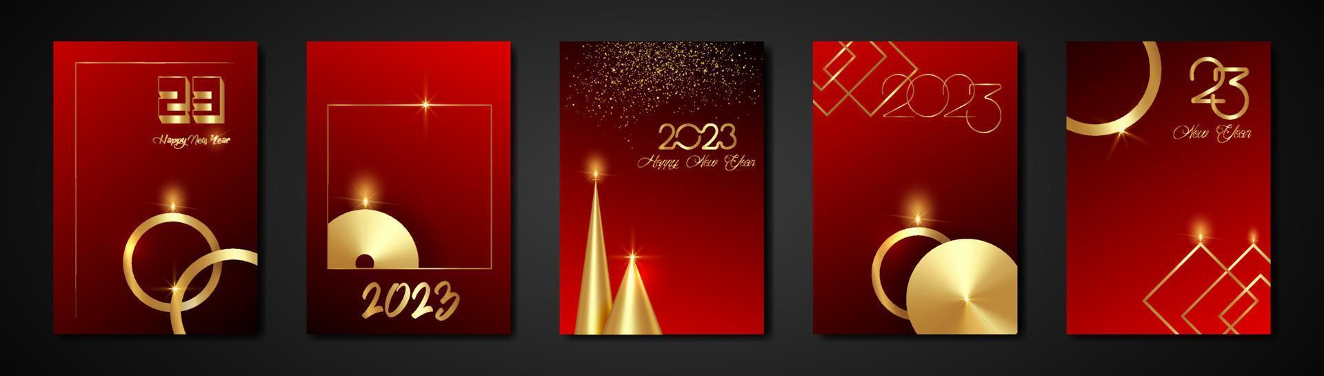 set cards 2023 Happy New Year gold texture, golden luxury red modern background, elements for calendar and greetings card or Christmas themed winter holiday invitations with geometric decorations vector