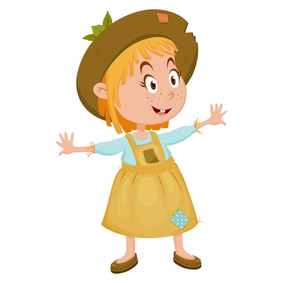 A farmer girl or child in scarecrow costume. Vector illustration isolated on a white background for banner, packaging, invitation.