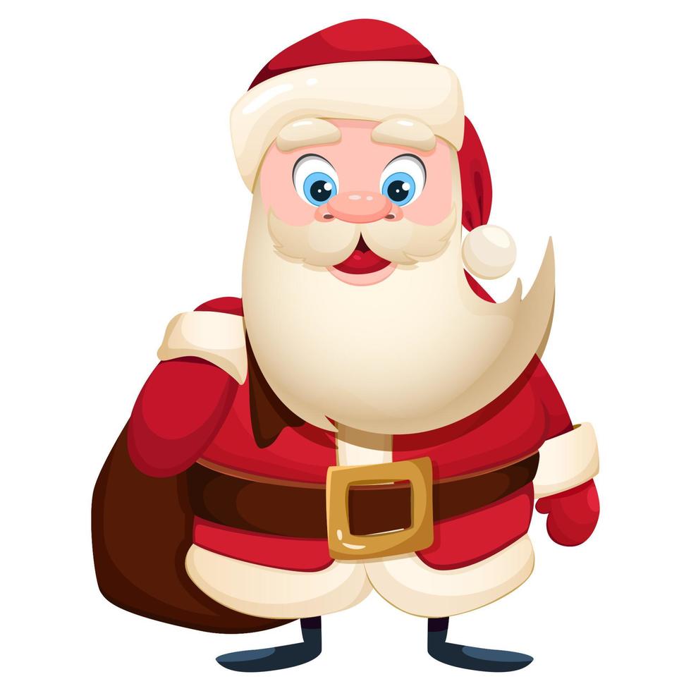 Cartoon Santa Claus in a red suit holds a bag of gifts. Merry Christmas and Happy New Year. Isolated vector cartoon illustration for greeting card, banner and more.