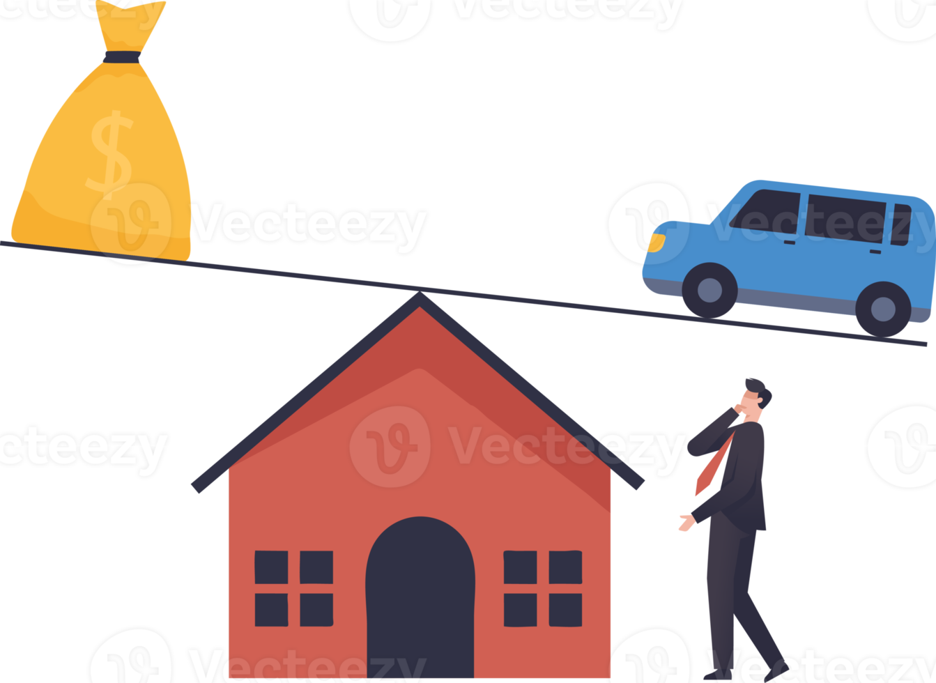 empresário pensando em emprestar casa e carro. risco financeiro e de negócios, risco de empréstimos bancários e dívidas, estabilidade ou equilíbrio econômico. png