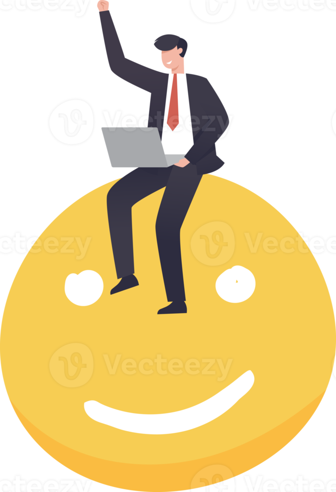 Happy businessman working on smile face. Positive thinking, optimistic mindset or good attitude to success in work. illustration png
