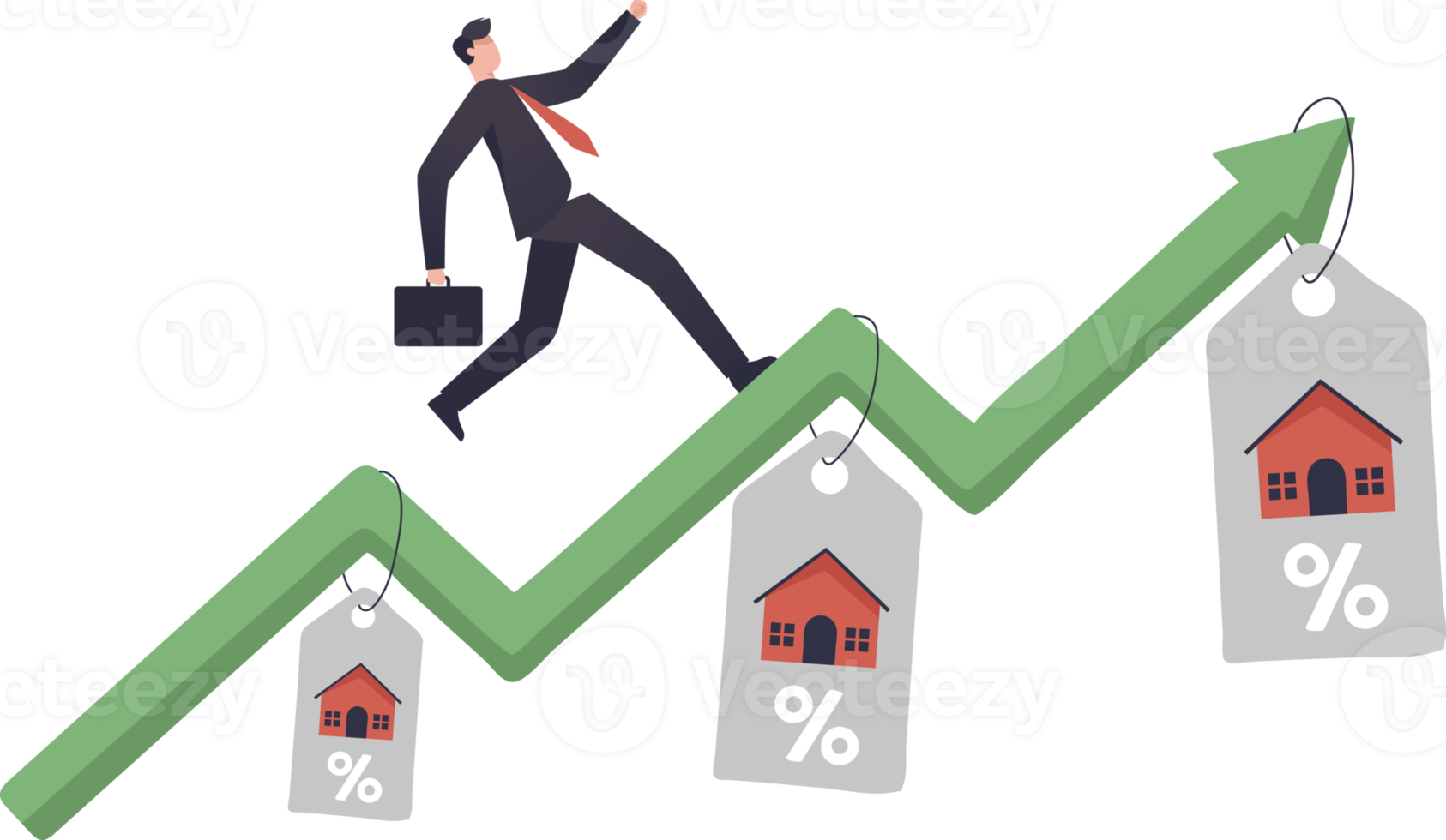 Housing price rising up businessman running on rising green graph on