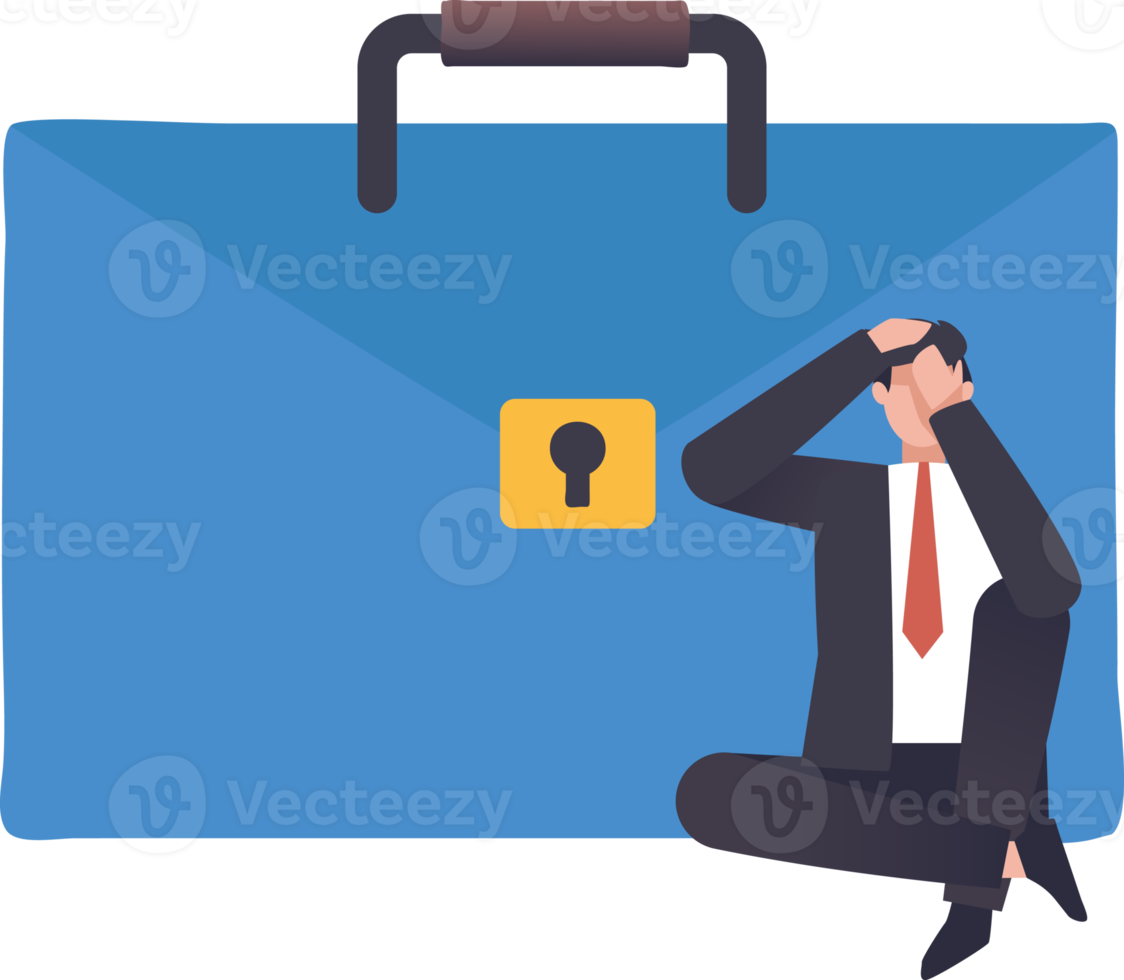 Stress from work. Discharge from failure, burnout from tiring work, mental breakdown. A businessman sits depressed next to his briefcase. illustration png