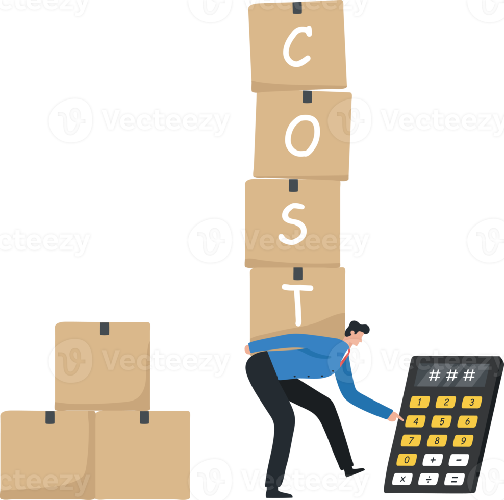 Business costs and expense awareness. Calculation of income and expenses. Import duties, corporate taxes. Company or organization. Businessmen calculate high expenses. png