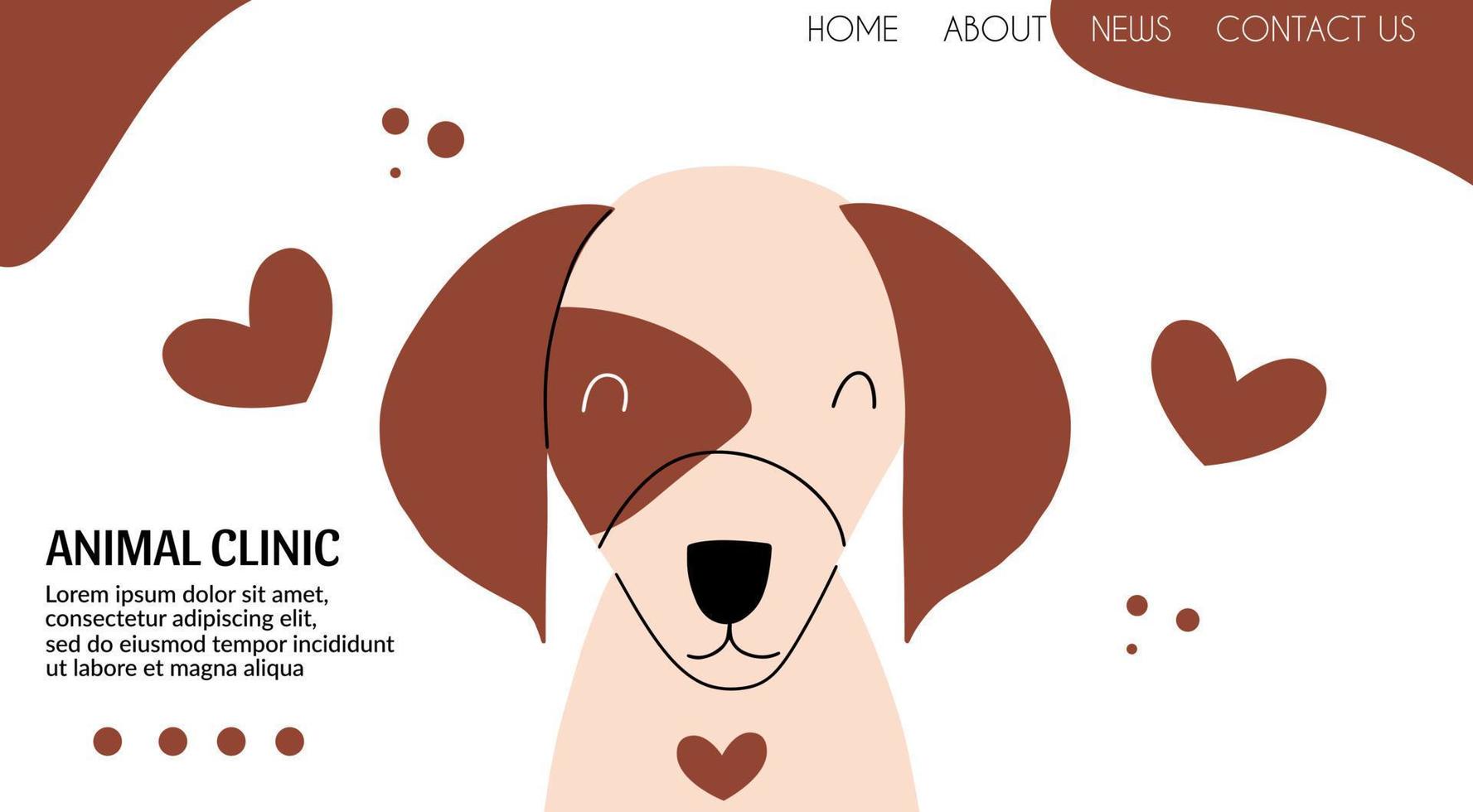 Web page with cute puppy portrait. Emotional support animal, veterinary clinic. Vector illustration