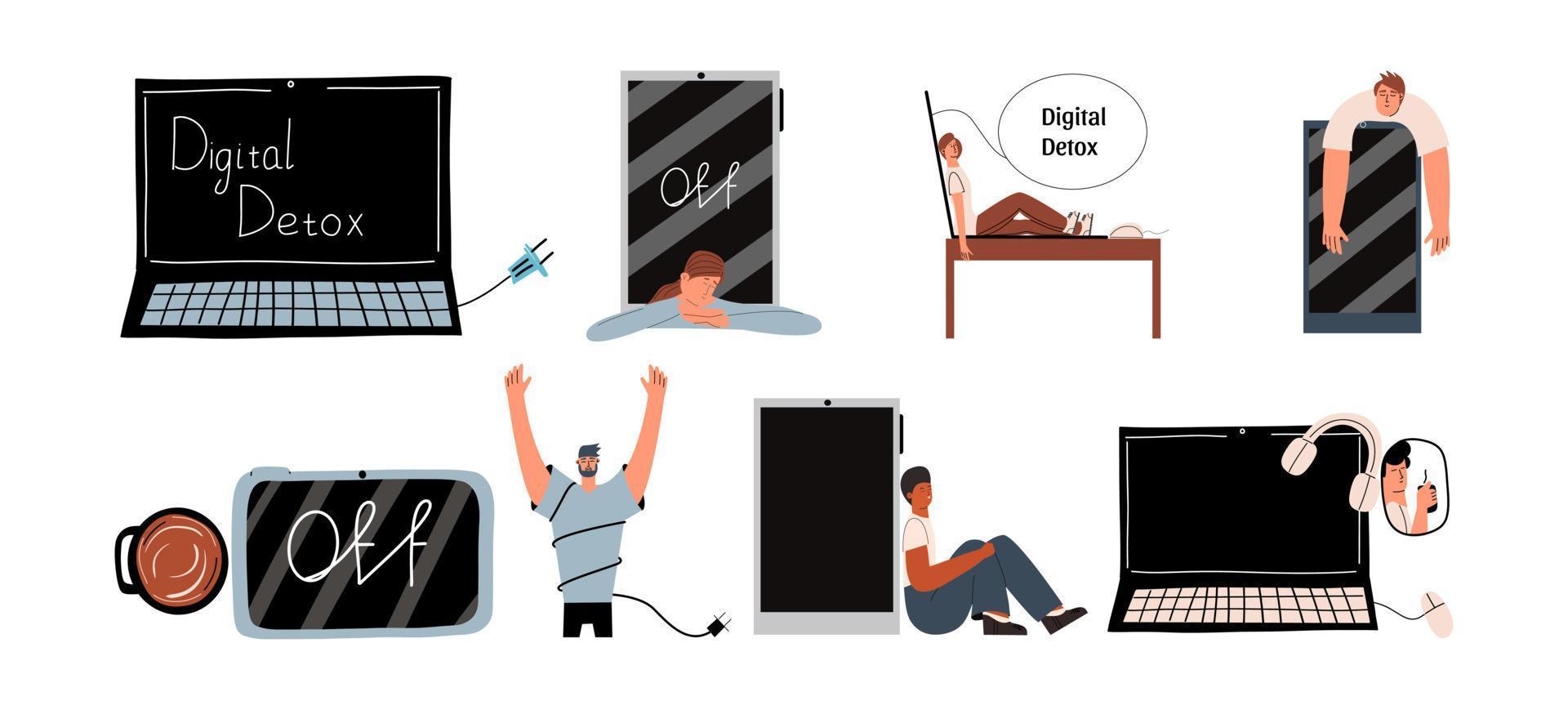 Set of digital detox concepts. Young people are taking a break from gadgets. A collection of characters that are offline. Smartphone addiction. Vector illustration.