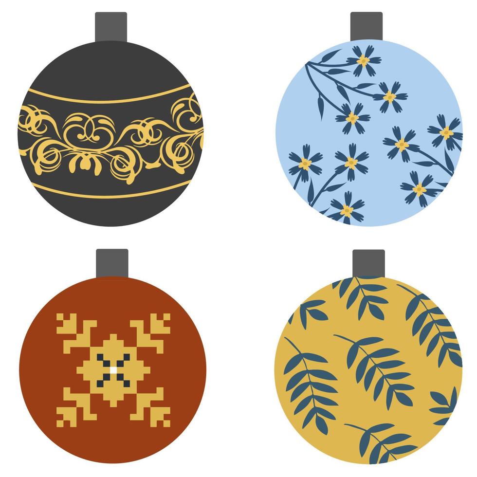 Set of colorful Christmas toys. New year decorational elements. Vector cartoon Illustration.