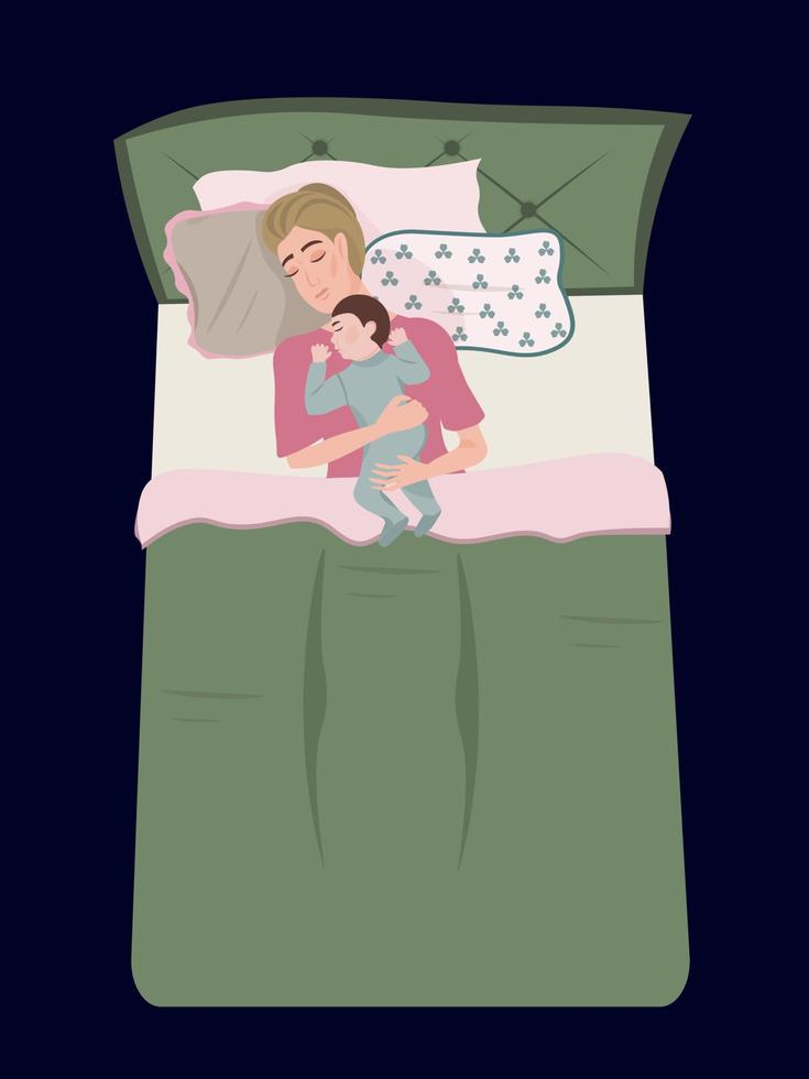 Mother and baby are sleeping on the bed. Motherhood. Sleep with baby. Vector illustration in flat cartoon style.