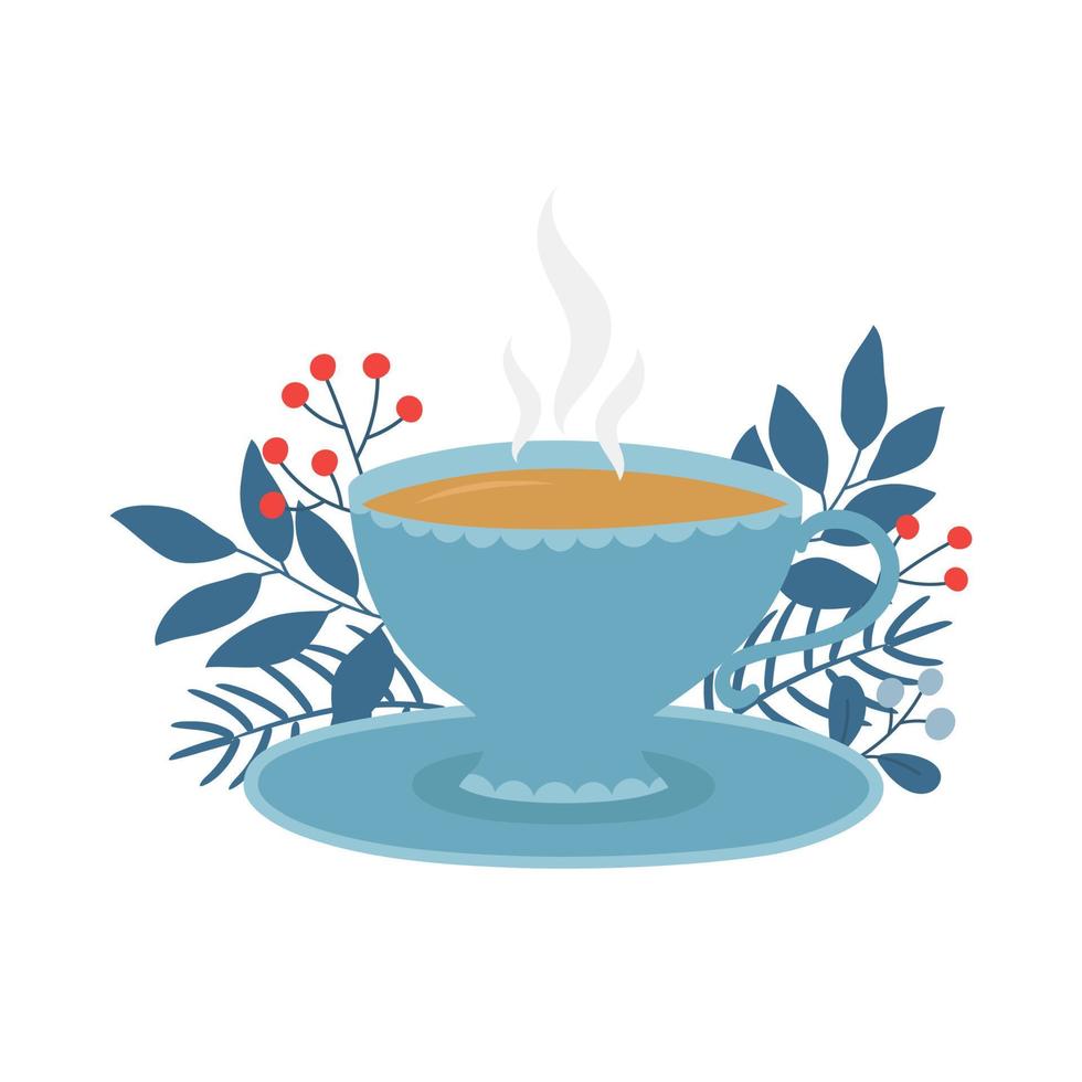 Cup of tea, saucer, winter leaves and berries. Template for cozy winter design. vector