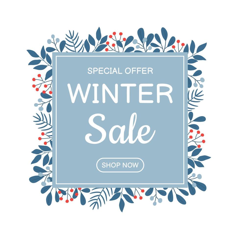 Winter sale banner template with twigs in blue colors. Template for social media, banner, poster, flyer vector