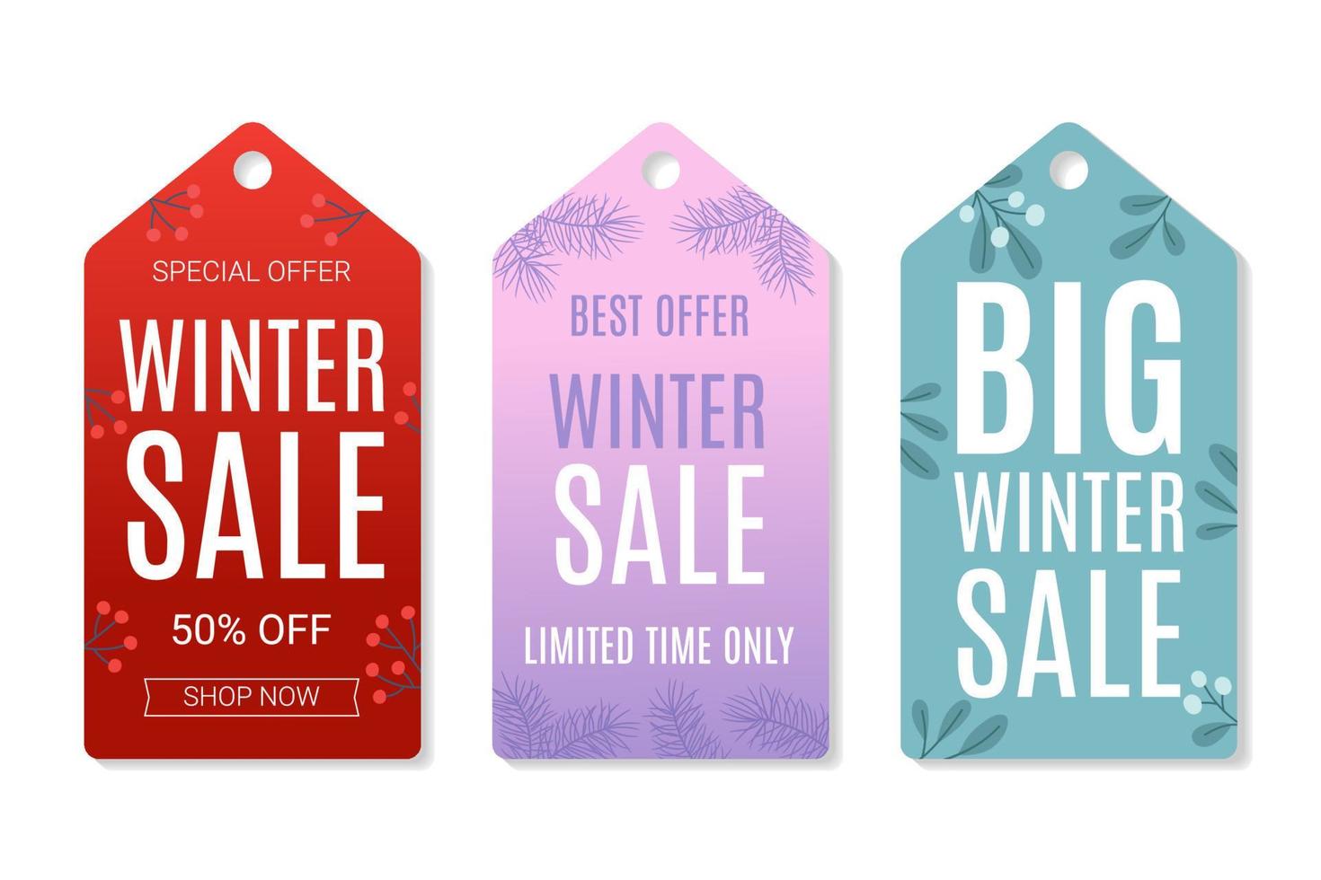 Set of winter sale labels. Collection of winter sale tags with twigs. vector