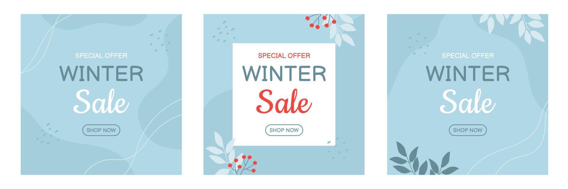 Set of winter sale banners template in blue colors with twigs. Template for social media, banner, poster, flyer vector