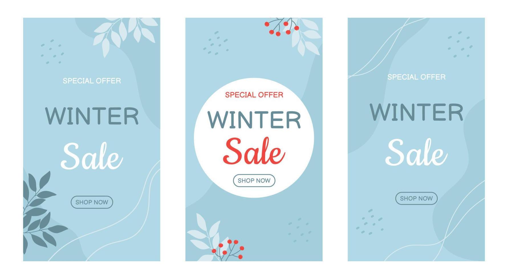 conjunto de plantillas de banners de venta de invierno en colores azules con ramitas. plantilla para medios sociales, pancarta, afiche, volante vector