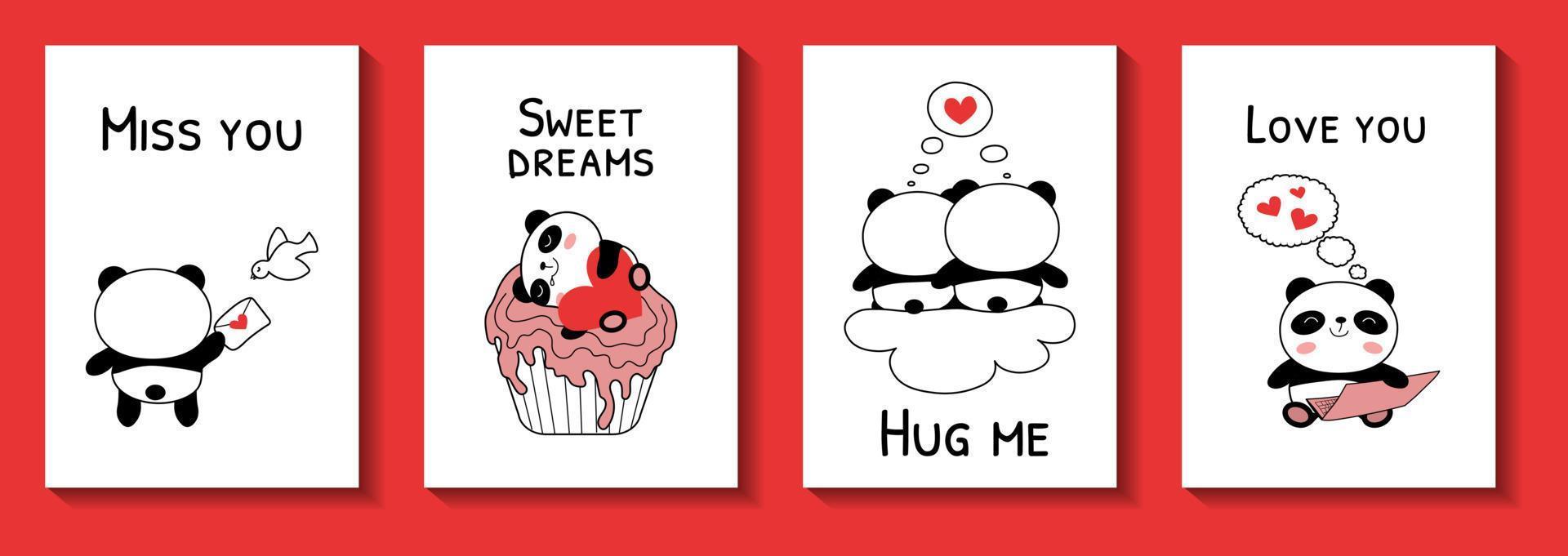 Valentines day cards with baby pandas vector illustration