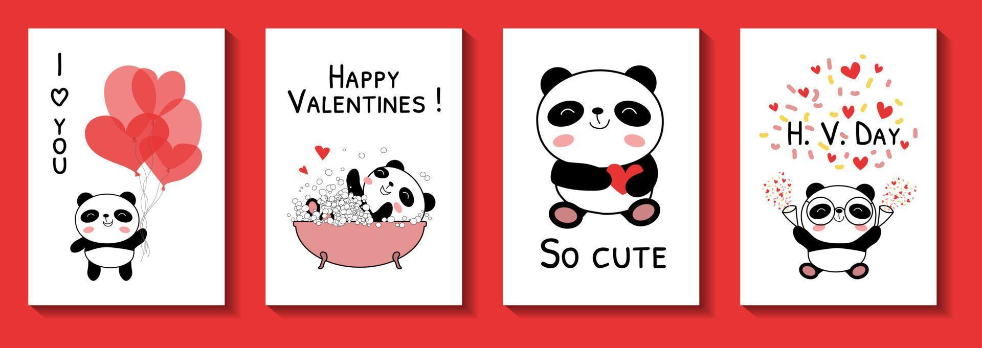 Valentines day cards with baby pandas vector illustration
