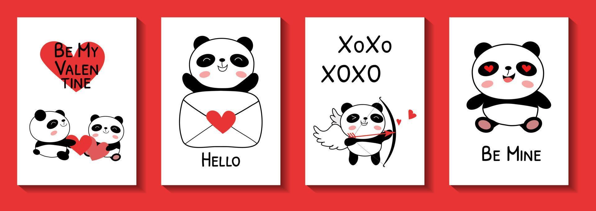 Tarjetas del día de San Valentín con ilustración de vector de pandas bebé