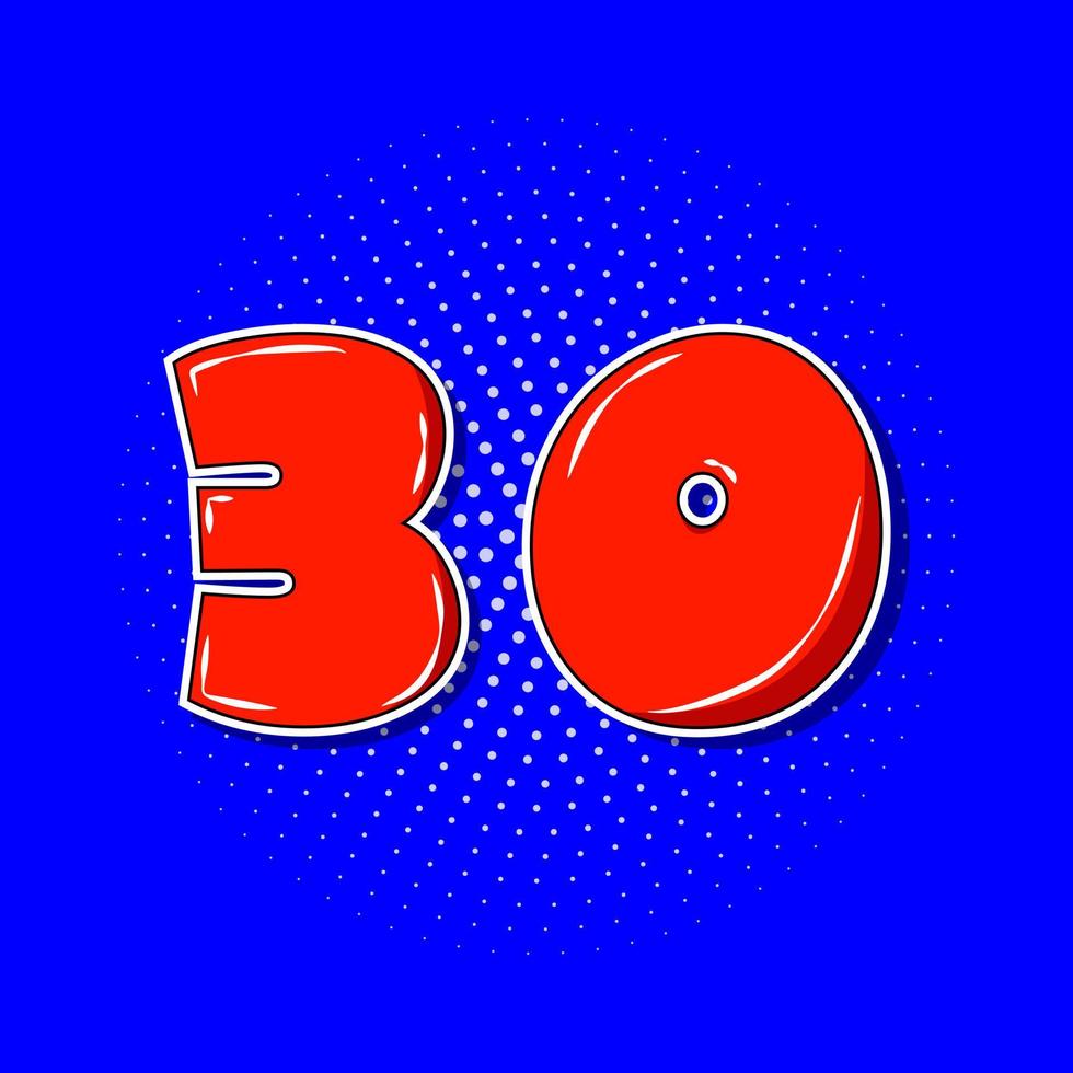 Pop art red number 30 over blue dotted background. vector