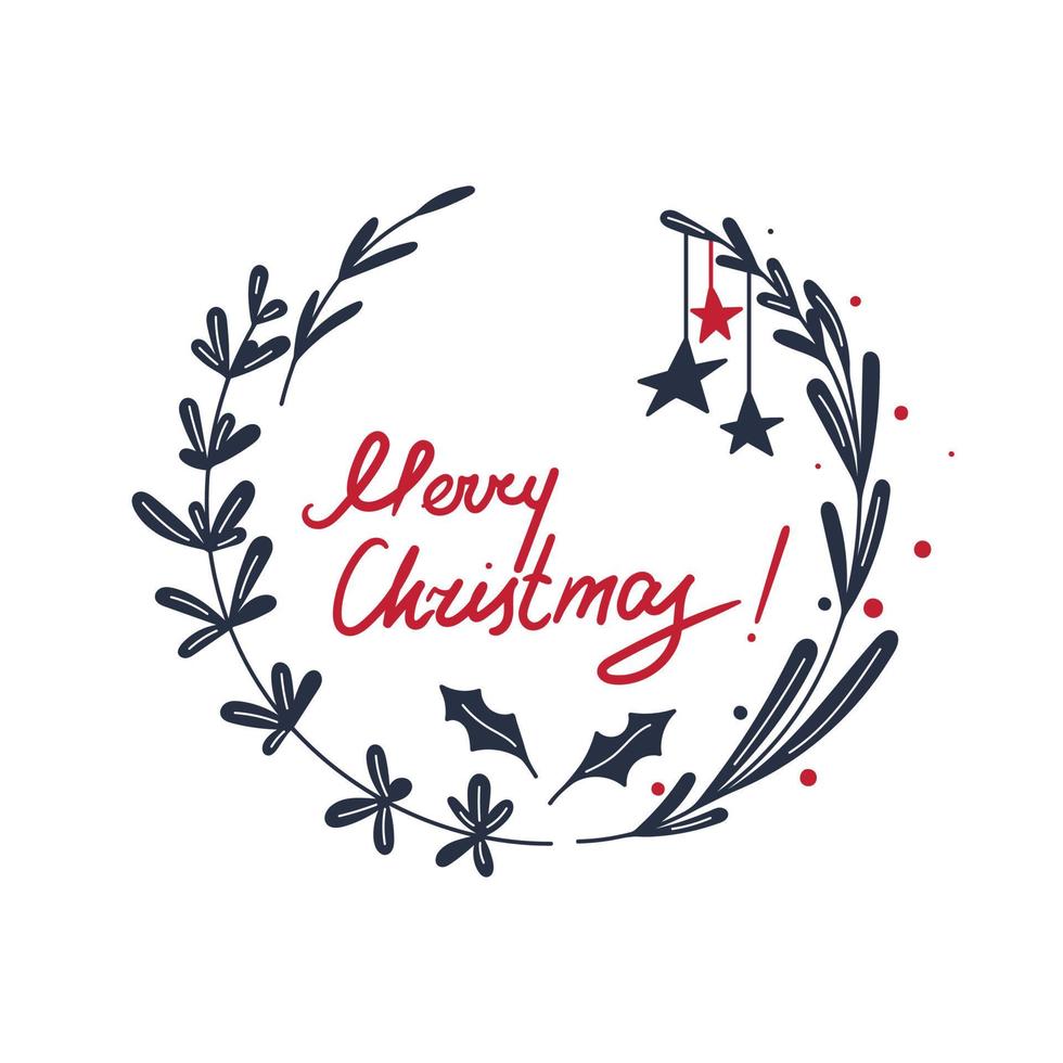 Merry Christmas greeting lettering, minimalist branch wreath circle background vector
