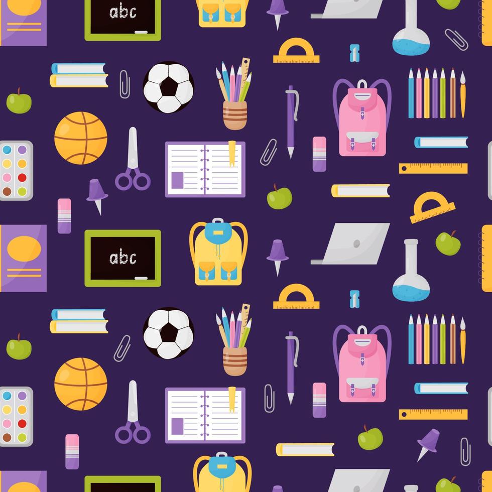 Vector seamless pattern back to school. High school education items and stationery in flat style on purple background. Cute kids collection. Background with educational subjects.