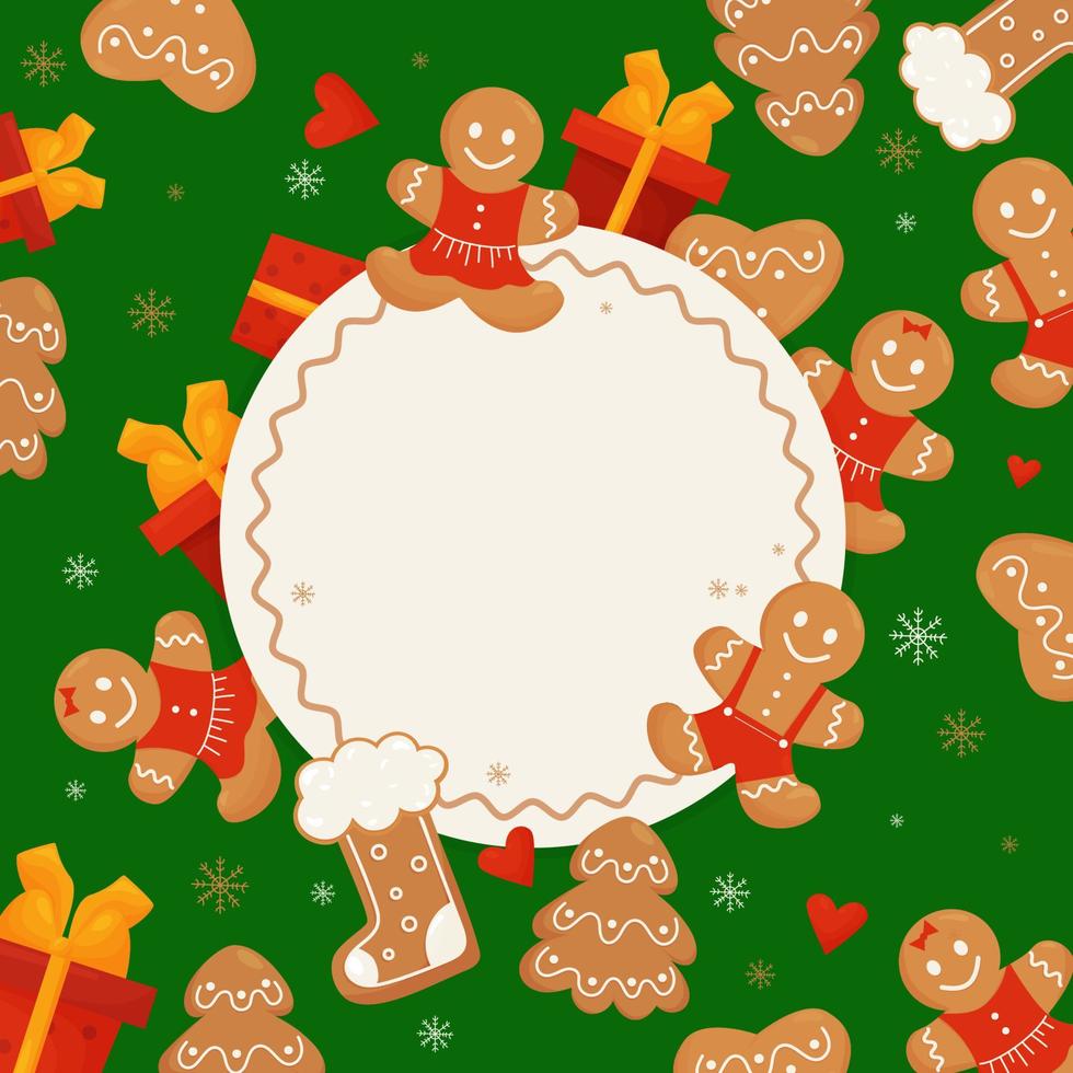 tarjeta de año nuevo con lindo pan de jengibre de navidad, regalos y hombre de pan de jengibre. ilustración vectorial plantilla cuadrada sobre fondo verde para diseñar tarjetas navideñas, decoración, impresión y decoración. vector