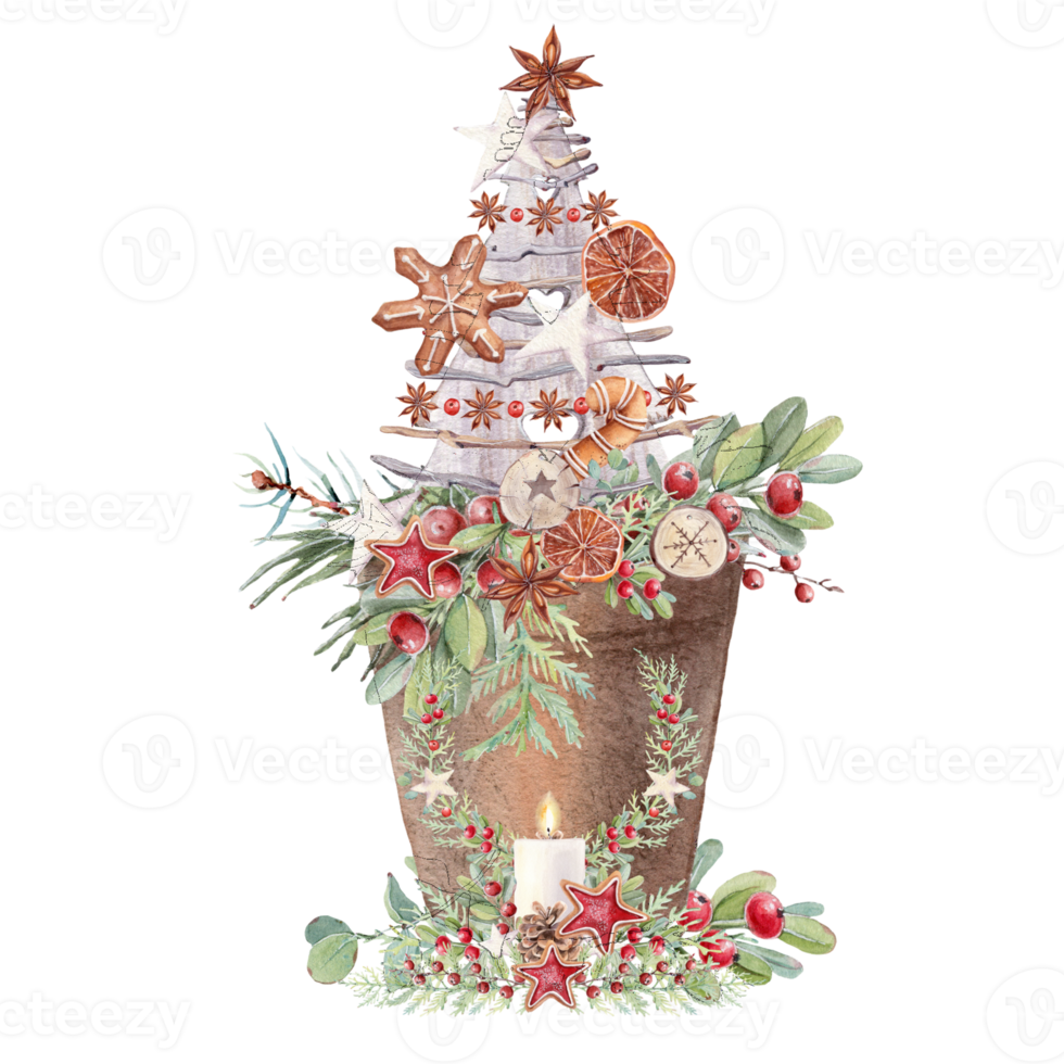 kerstmis, nieuw jaar, vakantie decor. Kerstmis boom, oranje, BES, botanisch, planten, peperkoek koekjes. png