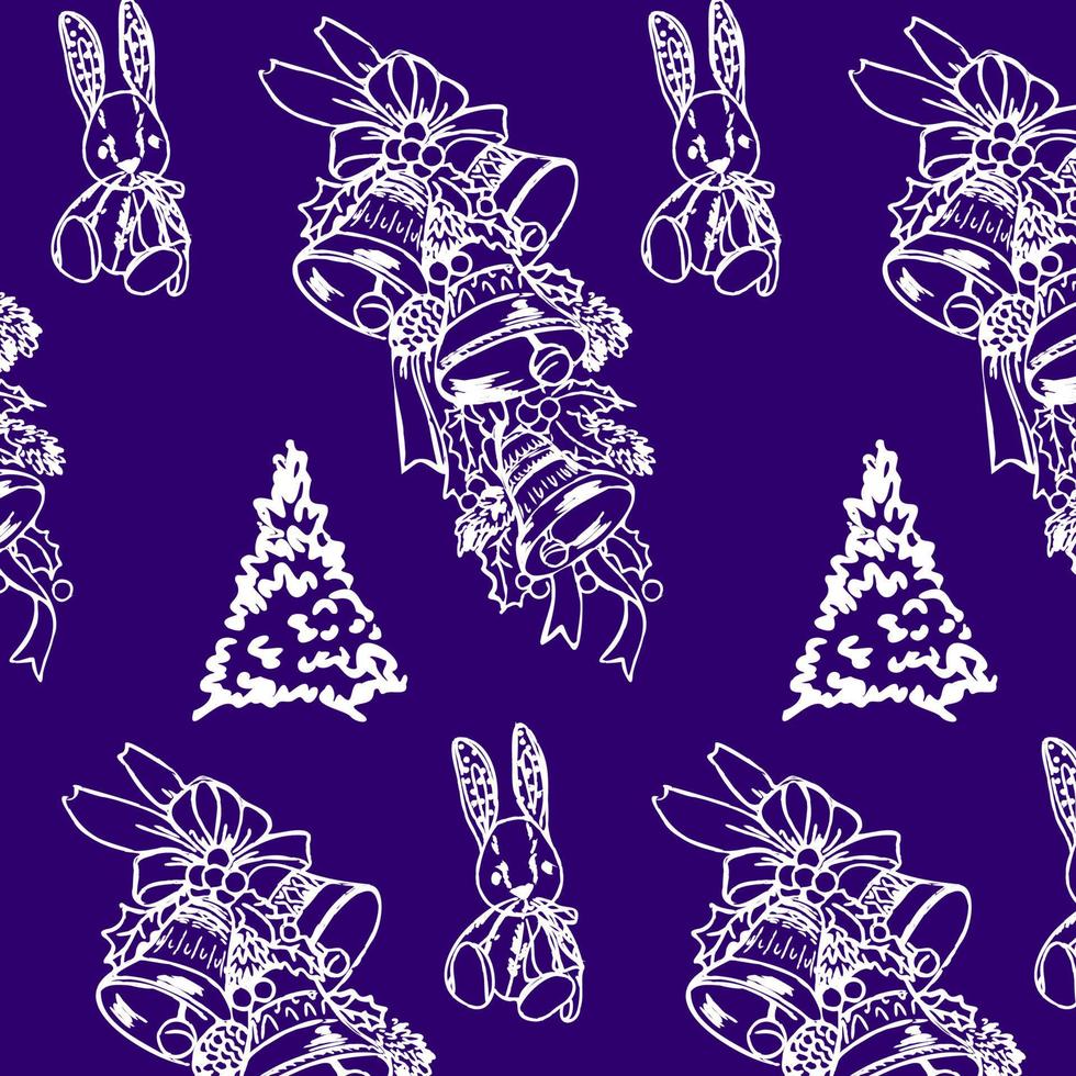 New Year's Eve background with bunny, garland and Christmas tree. New Year packaging with a lilac background and white pattern. vector