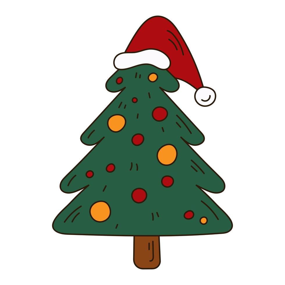 árbol de navidad en icono de estilo de doodle de sombrero de santa. Lindo elemento colorido de Navidad aislado en fondo blanco perfecto para la decoración navideña. vector