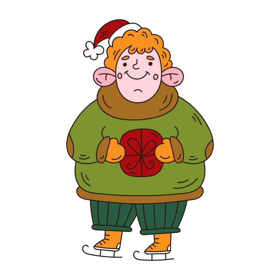 lindo garabato chico en ropa de abrigo con regalo. feliz navidad arte vector