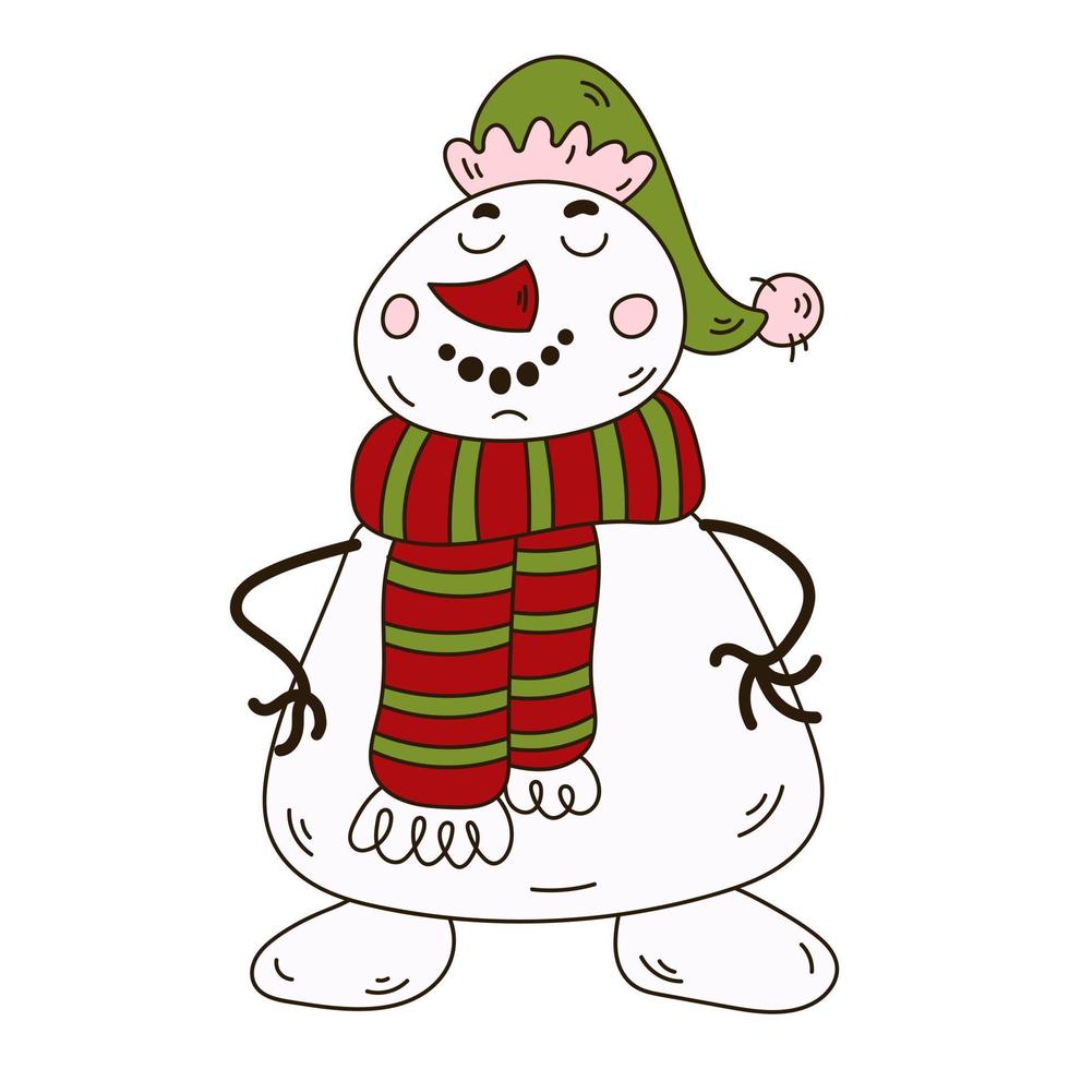 muñeco de nieve de dibujos animados en la ilustración de sombrero y bufanda de santa. lindo garabato para navidad tarjetas de felicitación vector