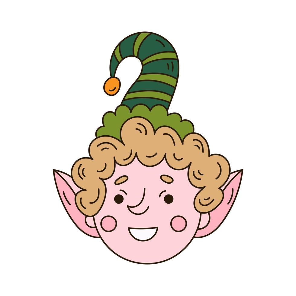 Boy Christmas elf smiling face. Doodle style little Santa's helper vector