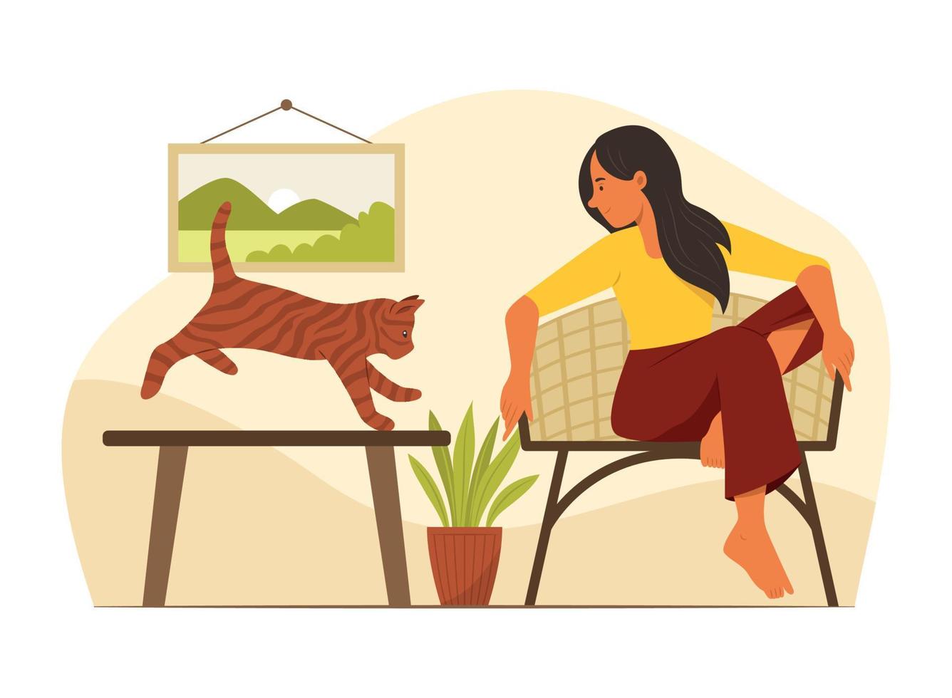 Young Woman and Cat in Living Room vector