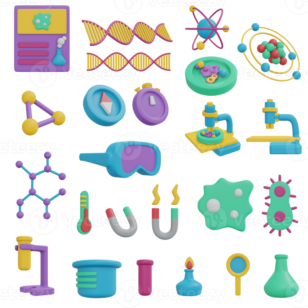 Representación 3d de un conjunto de elementos científicos de vuelta al elemento lindo de la escuela. estilo de dibujos animados de ilustración de procesamiento 3d. png