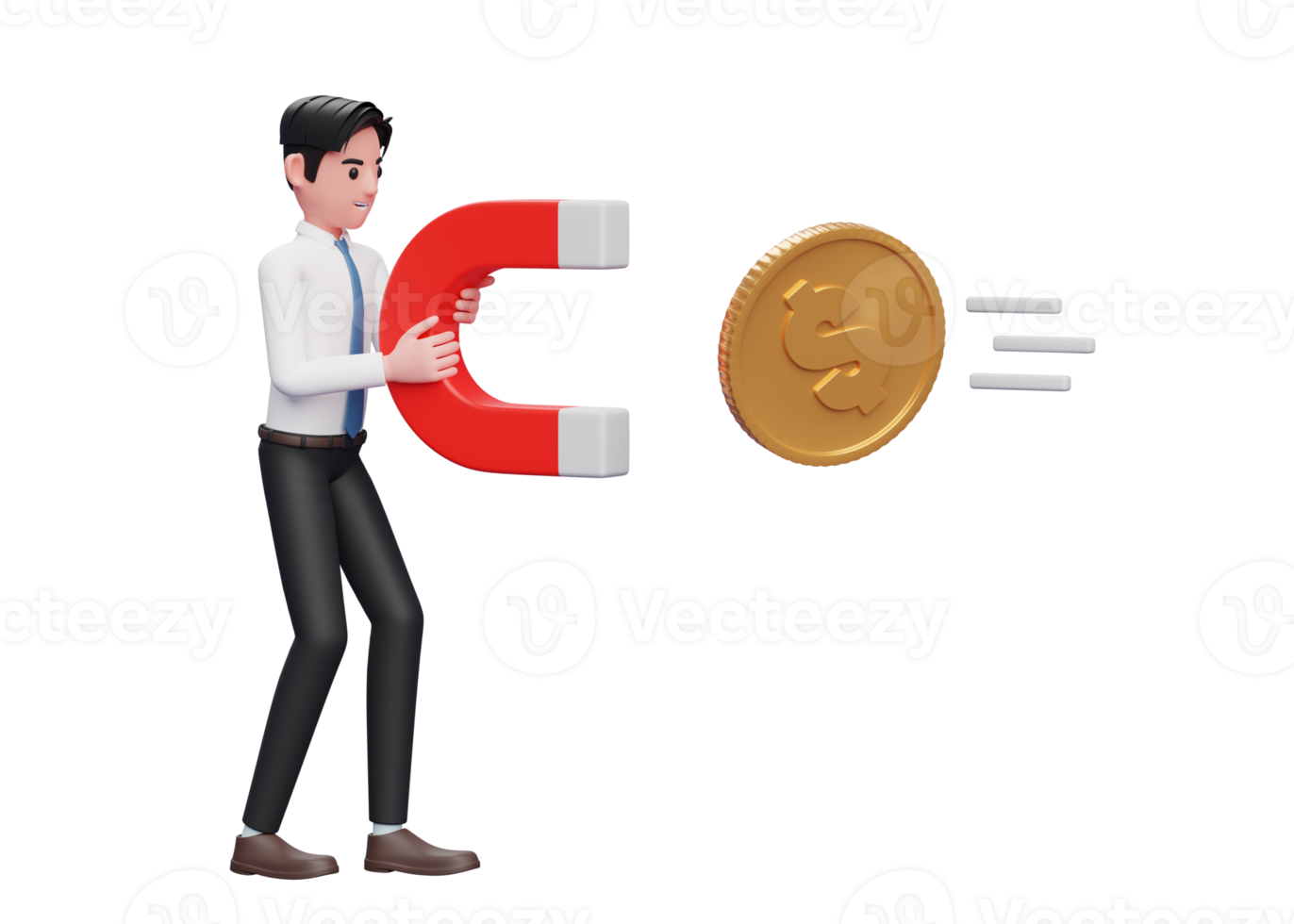 businessman in white shirt blue tie standing holding magnet attracting gold coin, 3d rendering of business investment concept png