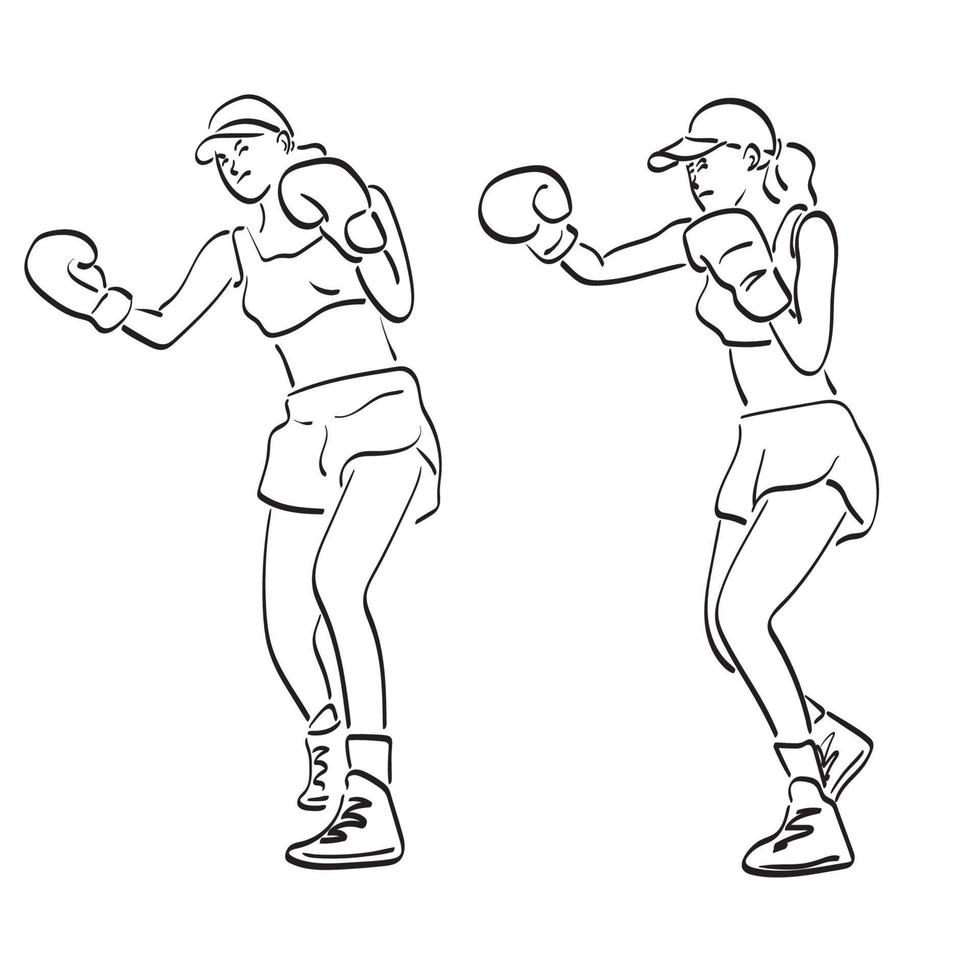 dos mujeres deportivas golpeando con guantes de boxeo ilustración vector dibujado a mano aislado en el arte de línea de fondo blanco.